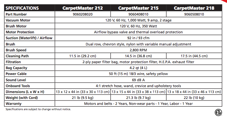 CarpetMaster 215 Upright Specifications